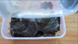 Metti sopra alga nori e l'altra metà nel centro. Copri con acqua biollente
